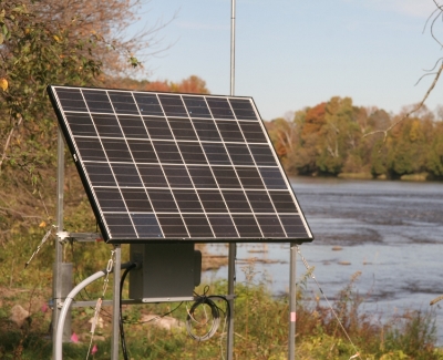 Solar panel powers RTHS instrumentation (Grasse River, Massena, NY).