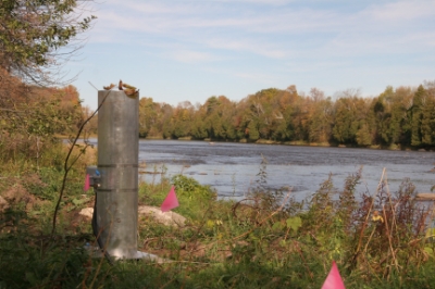 RTHS instrumentation resides inside cylinders and extends into riverbed (Grasse River, Massena, NY).