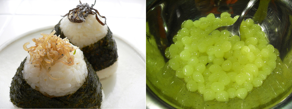 Sushi wraps and spherification of apple juice using alginates via Wikipedia